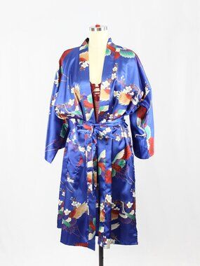 Vintage ICHIBAN Blue Oriental Floral Crane Print Satin Kimono Robe, One Size